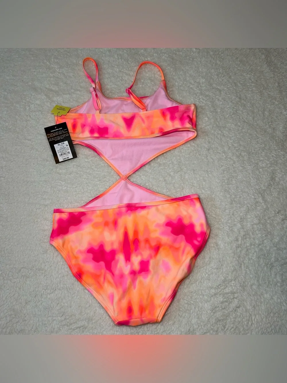 Art Class Girls Orange & Pink Tie Dye Cut Out One Piece Swimsuit XL NEW